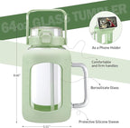 BLUEGO Water Bottle 64 oz Tumbler with Lid and Straw, Glass Water Bottle with Straw, Water Tumbler with Handle Half Gallon Water Jug Large Waterbottle for Daily Water Intake, BPA Free, Light Green