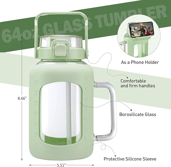 BLUEGO Water Bottle 64 oz Tumbler with Lid and Straw, Glass Water Bottle with Straw, Water Tumbler with Handle Half Gallon Water Jug Large Waterbottle for Daily Water Intake, BPA Free, Light Green