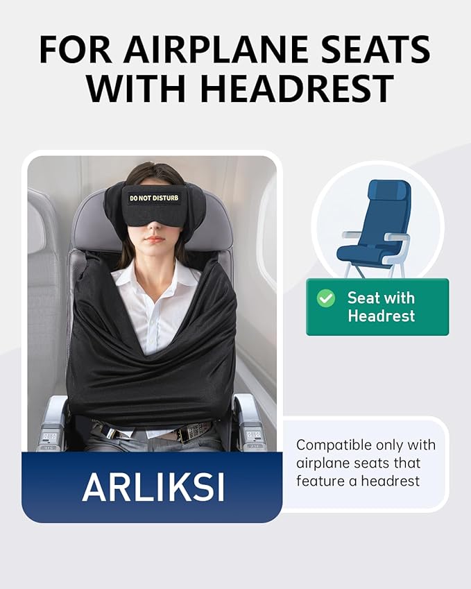 Travel Pillow and Blanket Set, Compact Airplane Pillow Bag with Eye Mask for Long Flights Sleeping, 360° Support Head Strap Travel Essentials for Plane Sleep Neck Upright, Stop Head Bodding (Black)