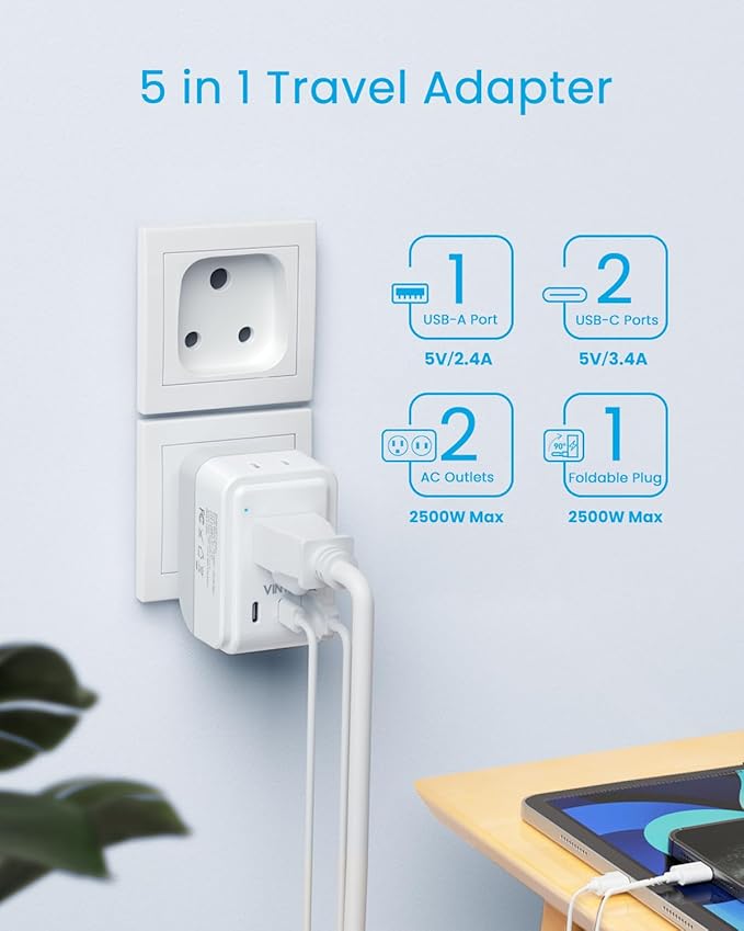 1 Pack South Africa Plug Adapter, VINTAR Foldable Type M Adapter for South Africa with 2 AC Outlets 3 USB Ports(2 USB C), Africa Travel Essentials for US to South Africa Namibia Nepal Malaysi