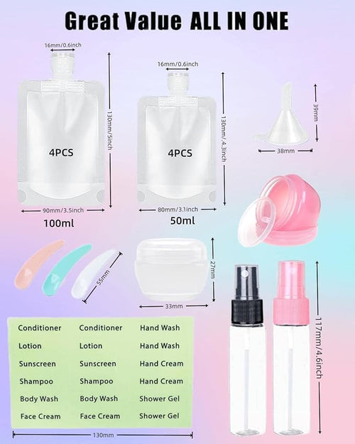 17 Pack Travel Pouches for Toiletries,TSA Approved,Travel Size Portable Containers,Stand Up Pouch,Refillable Travel Accessories for Shampoo Conditioner Lotion Soap Liquids (C-17pcs)