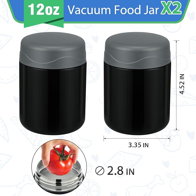 12oz 2 Pack Insulated Food Jar Set for Kids Soup Thermo Hot Food Lunch Container Wide Mouth Leak Proof Stainless Steel Vacuum Bento Box for School Office Travel Outdoors