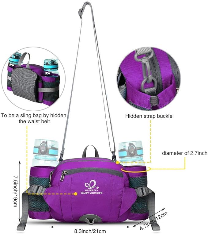 WATERFLY Fanny Pack Waist Bag: Fannie Pack 2 Water Bottle Holders Lumbar Belt Hiking Walking Running Jogging Camping Large Woman Man (Bottle Not Included)