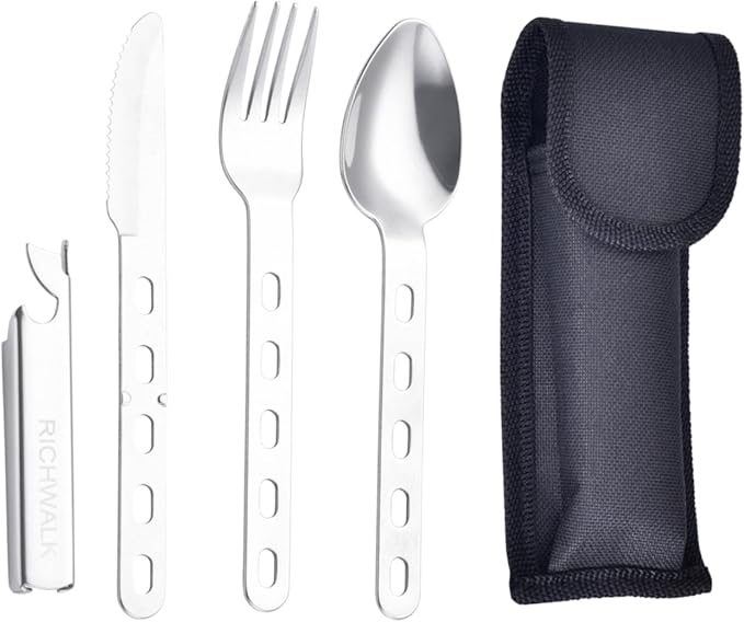 Camping cutlery set 4 pieces Eating utensils spoon fork knife kit flatware multi-tool Camping bottle can opener stainless steel