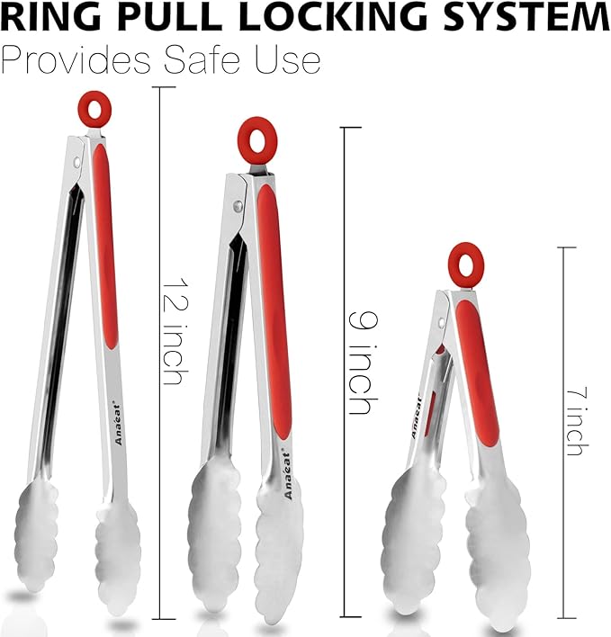 Anaeat Premium Sturdy Barbecue Tongs for Kitchen Grill & BBQ - 7,9,12 Inch Non-Slip Stainless Steel Locking Tongs Heat Resistant for Grilling, Cooking, Turning and Barbecue