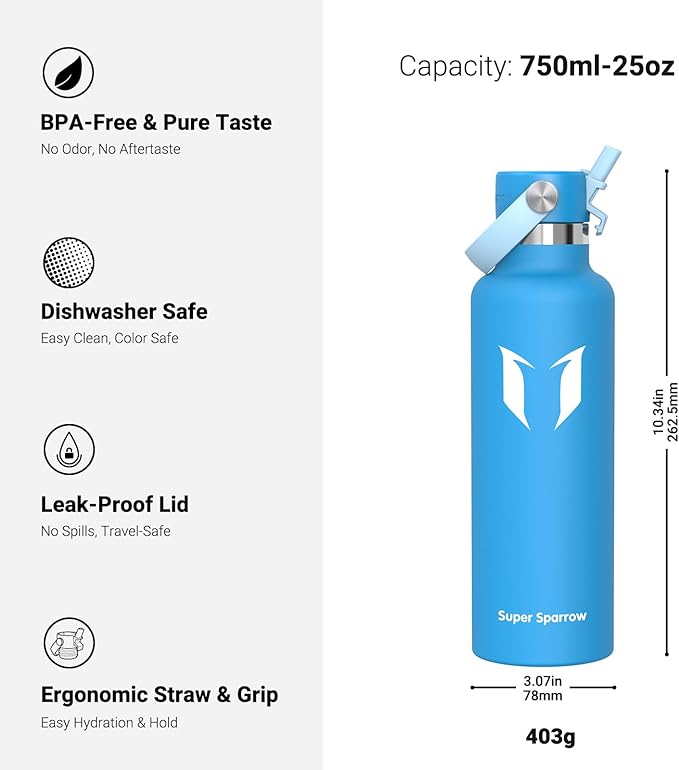 Super Sparrow Insulated Water Bottle - 17 Oz / 25 Oz / 32 Oz - Standard Mouth FlipFlow Flask - BPA Free, Leak Proof Drink Bottle- Ergonomic Straw Water Bottles for Work, Gym, Travel, Sports