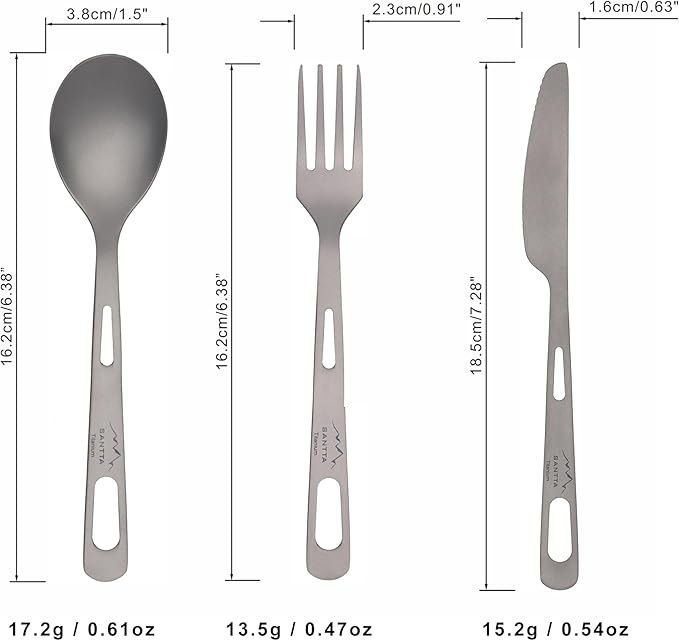 SANTTA Titanium Camping Utensils, Ultra Light Spoon Fork Knife 3 Piece Set, Cutlery Set with Pouch and Carabiner for Outdoor Camping, Hiking, Backpacking, Hiking, Picnic and Travel