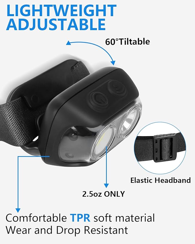 UFOND LED Headlamp 2-Pack,6 Modes Wide or Focused Beam,Rechargeable Headlight Motion Sensor USB Cable Included,Ajustable Headband Lightweight Waterproof Flashlight for Camping Hiking Running