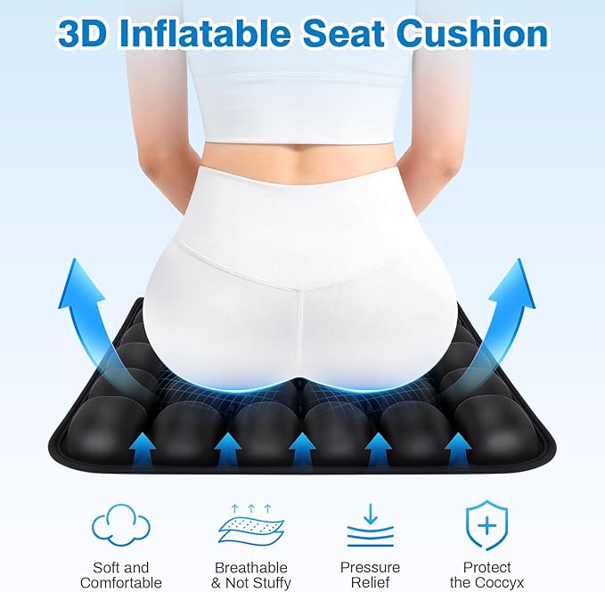 Seat Cushion, Office Chair Cushion with Storage Bag, Travel Seat Cushion for Airplane, Press Type Air Inflatable Airplane Seat Cushions for Plane, Car, Office (Single-Sided Grey, Square)