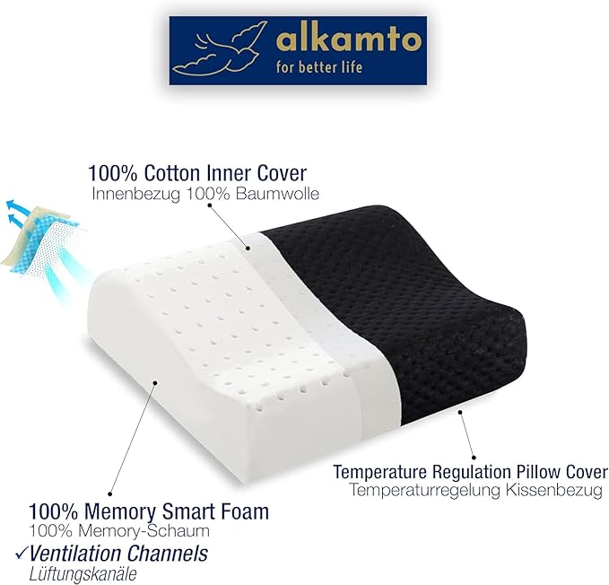 alkamto Travel & Camping Comfortable Memory Foam Pillow – Easy to Carry Portable Bag – Temperature Regulating Pillow Case (Black Contour)