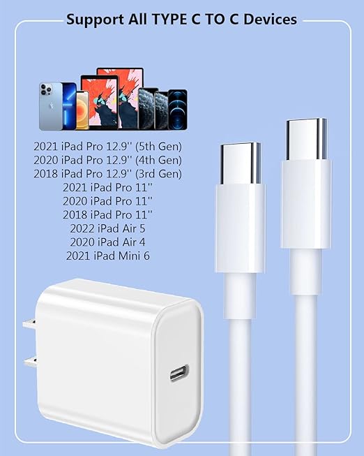 10FT Fast iPad Charger, iPad Pro Charger Cord [2Pack] 10FT USBC to USB C Cable iPad Cord 20W USB C Charger iPad Charging Block for iPad 10,iPad Mini 6,iPad Air 5/4,iPad Pro 12.9/11 inch 2020/2021/2022