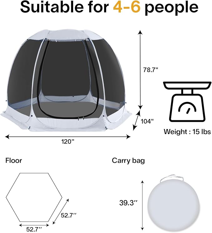 Alvantor Screen House Gazebo, 6-10-15 Person Pop Up Igloo Screened Canopy Tent with Mosquito Netting Sides, Instant UV Resistant Sun Shelter for Garden, Patio, Backyard