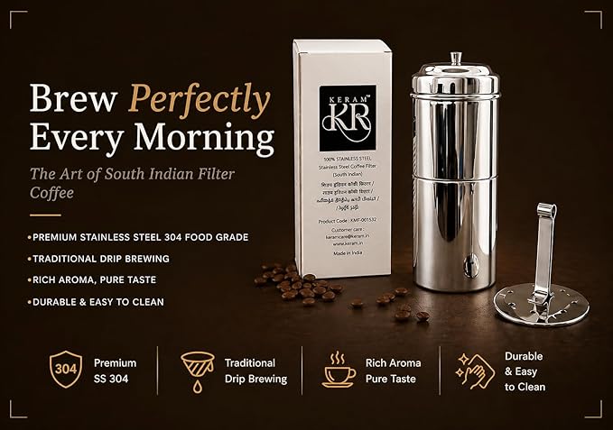 KERAM Indian stainless-steel small-portable coffee filter-drip-maker, 4-5 cup(10.14 Oz) perfect for camping/travel, Retro-vintage style coffee dripper-filter storage-gator-strainer, Silver, CDM-300