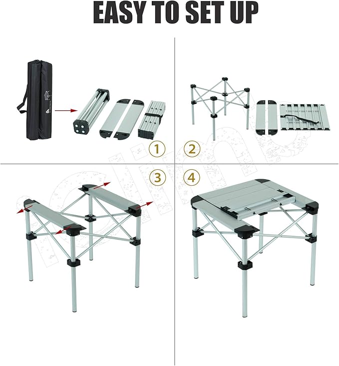 iClimb Lightweight Stable Alu. Folding Square Table Roll Up Top with Carry Bag for Camping Picnic Backyards BBQ Camp Kitchen (Silver, S)
