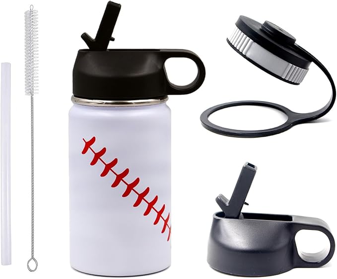 12 oz Baseball Water Bottle, Sports Cup Flask Metal Travel Mug with 2 Lids, Stainless Steel Double Wall Vacuum Leak Proof Insulated Water Bottles, Baseball Accessories Gifts for Boys Girls 8-12 Player