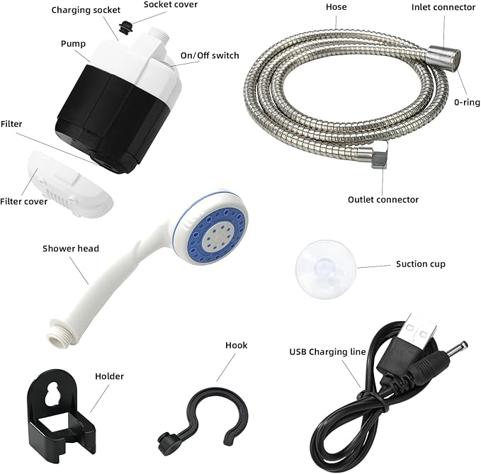 Portable Camping Shower Pump - Rechargeable Outdoor Shower Head Sprayer, Pumps Water from Bucket. Experience Refreshment Anywhere, Perfect for Camping, Hiking, Travel, Car Washing & Pet Cleaning