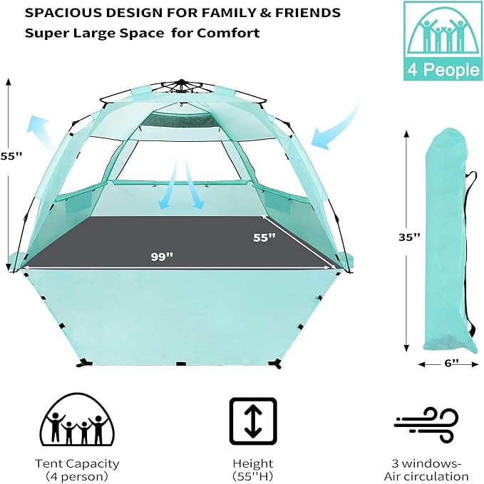 Beach Tent for 3-4 People, Pop-Up Beach Tent Automatic Setup, UV Protection, Extendable Floor, Ventilating Windows, Portable Outdoor Sun Shelter, Green