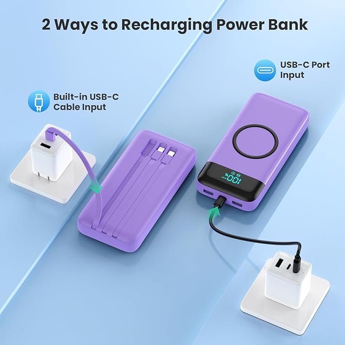 Wireless Portable Charger 40800mAh for iPhone with 3 Built-in Cables,7-in-1 15W Wireless Charging USB C Power Bank,LCD Display 25W PD QC 4.0 Fast Charging Battery Pack for iPhone 16/15/14/13 -Purple