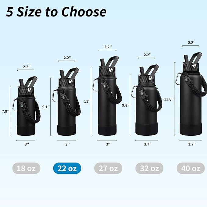 BJPKPK Insulated Water Bottle with Straw Lid, 22oz Thermo Water Bottles with 3 Lids, Paracord Handle & Non-slip Boot, BPA Free Leak Proof Stainless Steel Tumblers, Cups,Black