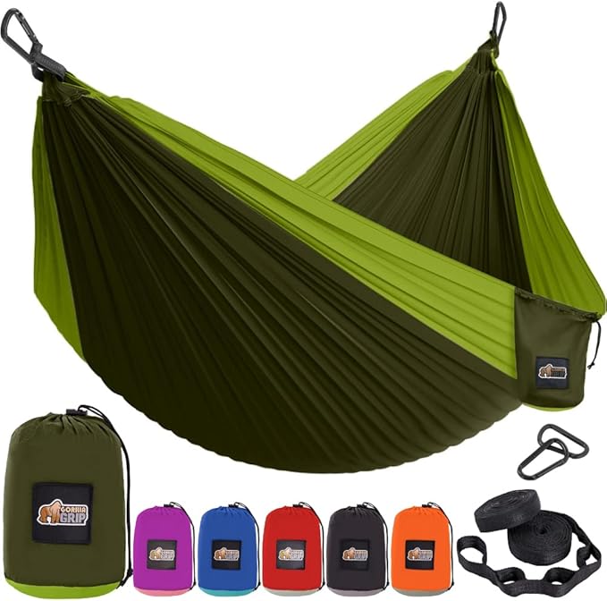 GORILLA GRIP Durable Portable Camping Hammock, Holds 500lbs with Heavy Duty Tree Straps, Comfortable Travel Swing, Camp Hammocks, Easy to Use and Install, Outdoor Essentials, Green, 10x6.5 FT