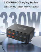 USB C Charging Station 330W, USB C Charger Charging Hub 10 Power Port for Multiple Devices with PD 100W 65W 30W QC3.0 18W Fast Charging Power Stock Station for iPhone 15, iPad Air/Pro, Galaxy