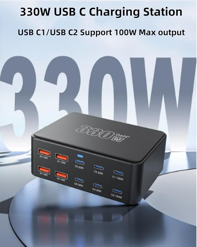 USB C Charging Station 330W, USB C Charger Charging Hub 10 Power Port for Multiple Devices with PD 100W 65W 30W QC3.0 18W Fast Charging Power Stock Station for iPhone 15, iPad Air/Pro, Galaxy
