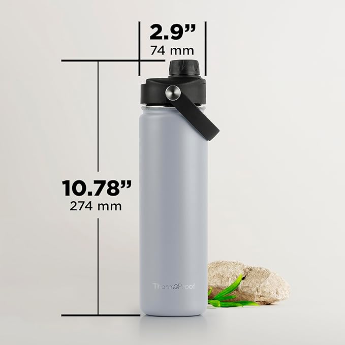 ThermoProof Double-Walled Vacuum Insulated Stainless Steel Water Bottle - Wide Mouth with Chug & Spout Lids, Dishwasher Safe, Reusable, Leakproof, Hot & Cold for Men, Women & Kids - 22oz, Cool Gray