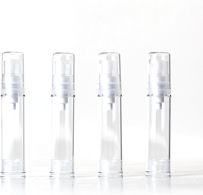 4Pcs 0.34 oz Airless Travel Pump Bottles - 3.7×0.7 inch Refillable Clear Cosmetic Containers Leak‑Resistant for Lotion Shampoo Serum