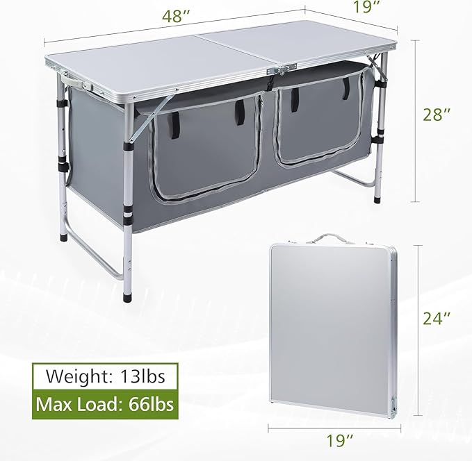 Camping Table, Folding Camping Table with Storage, Portable Kitchen Table, Lightweight, 3 Heights Adjustable Camping Furniture for BBQ, Picnic, Camping, Hiking, Beach, and Indoor