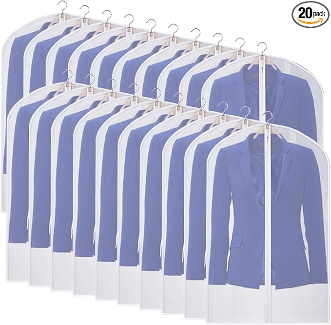 Garment Bag Suit Bags for Storage with Zipper 40 inches Clear Dust-Proof Clothes Cover Bag for Suit, Coat, Dress Closet Clothes Storage- Set of 20 [Upgraded Version]