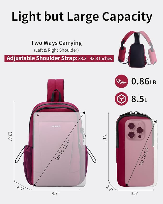 ECOHUB Crossbody Bags for Women Men, Anti-Theft RFID Blocking Roomy Sling Backpack with Sturdy SBS Zippers Water Resistant Chest Shoulder Bag Daypack with 9 Pockets Casual Outdoor Hiking, Red