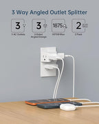 BEONDON Small Angled Outlet Extender, 3 Way Outlet Splitter Plug for Bathroom Kitchen Bedroom Dorm and Other Tight Spaces, White, 2 Pack