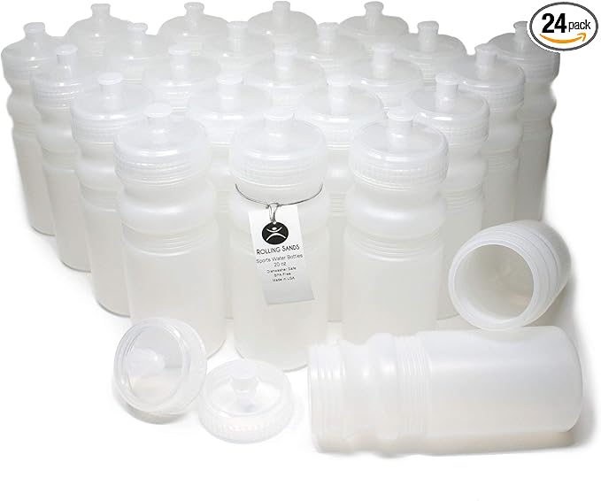 Rolling Sands USA Made 20 Ounce Sports Water Bottles - 24-Pack Bulk BPA-Free Blank Sports Bottles for Teams & Classrooms - Clear Frost Bottle/Clear Lid, No Smell No Taste