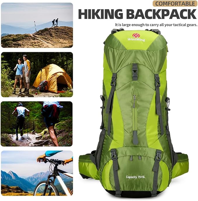 WintMing 75L Hiking Backpack with Rain Cover Waterproof Camping Backpack Shoes Warehouse for Men Women