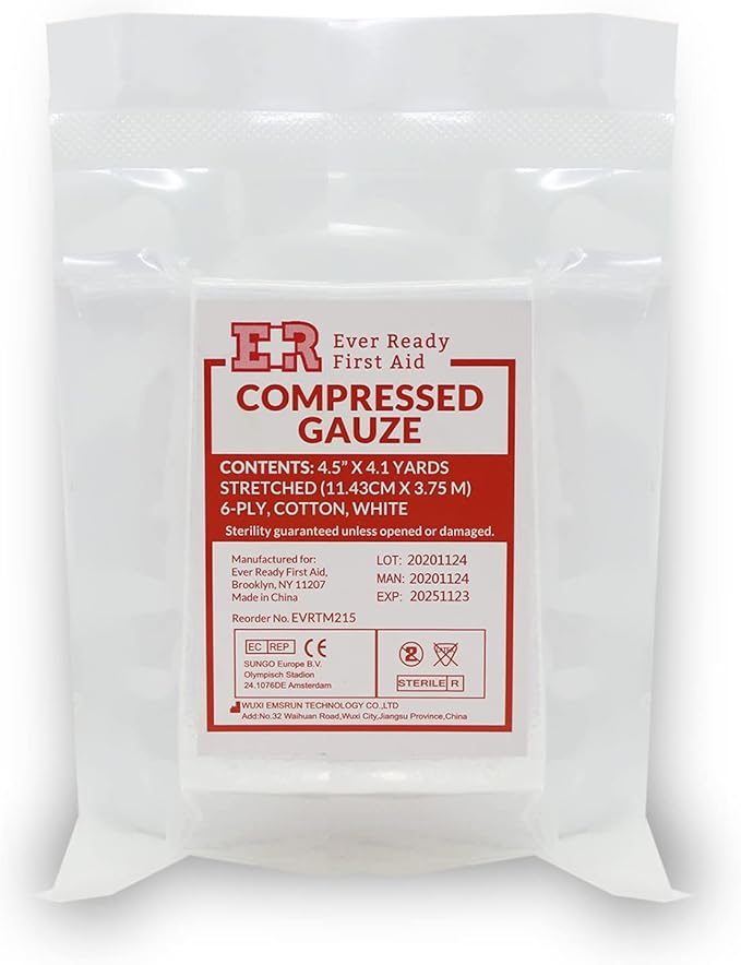 Ever Ready First Aid Compressed Sterile Gauze, 6-Ply Emergency Medical Dressing for First Aid Kits – 4.5” x 4.1 Yards - 2 Pack