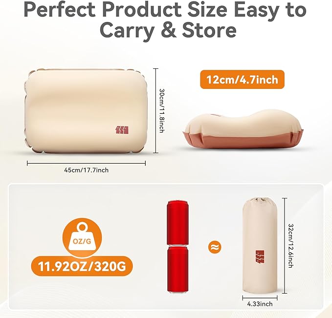 Camping Pillow with Memory Foam, Large Inflatable Portable Ultralight Pillow, Ergonomic for Neck Lumbar Support, Travel Air Pillows for Hiking/Hammock/Backpacking (Large)