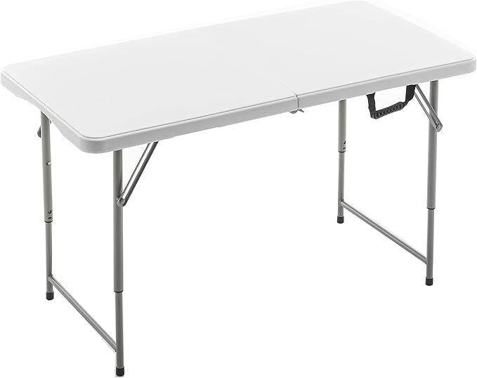 BTEXPERT Fold-in-Half Plastic 4ft Folding Utility Table Lightweight Adjustable Height Portable Carrying Handle Indoor Outdoor for Picnic Camping Office Home Party Wedding Easy to Clean Store White