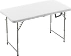 BTEXPERT Fold-in-Half Plastic 4ft Folding Utility Table Lightweight Adjustable Height Portable Carrying Handle Indoor Outdoor for Picnic Camping Office Home Party Wedding Easy to Clean Store White