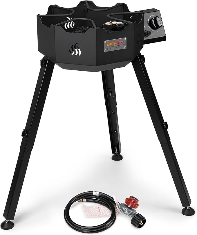 ONLYFIRE Portable Gas Burner with Adjustable Removable Legs, Propane Camping Stove for Backyard RV Tailgating Outdoor Cooking, works for Wok, Skillet, Frying Pan, Pot, 4FT Hose, 65000BTU, GS301