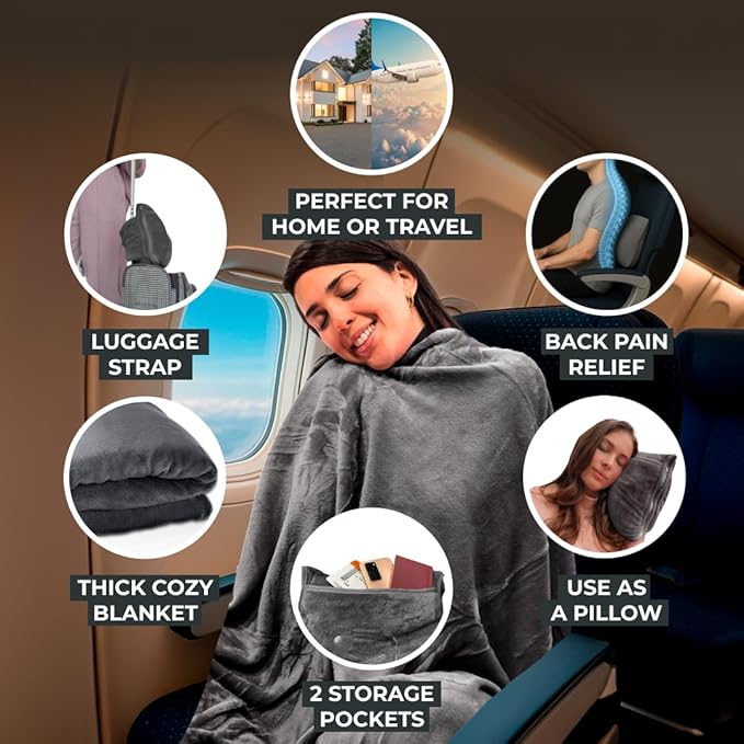 FlyHugz Grey Travel Blanket & Pillow Set (59.1"x47.2") with Carry Case, Luggage Sleeve & Clip – Portable, Lightweight, Breathable & Washable – Perfect for Plane, Car, Camping & Travel