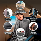 FlyHugz Grey Travel Blanket & Pillow Set (59.1"x47.2") with Carry Case, Luggage Sleeve & Clip – Portable, Lightweight, Breathable & Washable – Perfect for Plane, Car, Camping & Travel