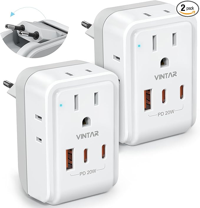 2 Pack European Travel Plug Adapter, VINTAR PD 20W Foldable Adapter for Europe Plug with 4 AC Outlets 3 USB Ports(2 USB C), Type C Adapter for US to Most of Europe EU Spain France Italy