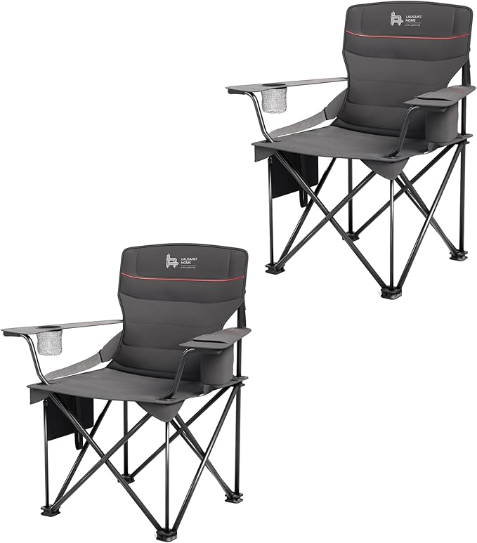 OUTSIDER Folding Camping Chair 300LBS Capacity, Portable Outdoor Lawn Chairs with Ergonomic Lumbar Support, Cooler Bag, Cup Holder, Pockets, Headrest for Beach, Lawn, Hiking (Style-1, 2pcs)