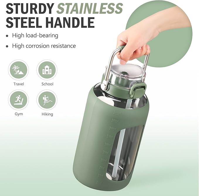 BLUEGO 84oz Water Bottle Glass with Stainless Steel Handle Large 2.5l Water Bottle with Time Markers and Silicone Sleeve Half Gallon Water Jug BPA Free for Gym Daily Use, Olive