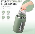 BLUEGO 84oz Water Bottle Glass with Stainless Steel Handle Large 2.5l Water Bottle with Time Markers and Silicone Sleeve Half Gallon Water Jug BPA Free for Gym Daily Use, Olive