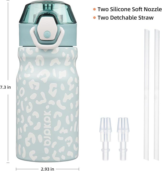 BJPKPK Water Bottle With Straw 14oz Insulated Water Bottles Reusable Stainless Steel Metal Thermo With Leak Proof Lockable Lid And Carry Handle,Light Blue Leopard