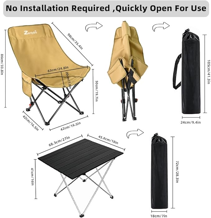 Folding Camping Chair Set of 3, Portable Adjustable Camp Chairs & Black Table, Large Lawn Chair Portable for Adults Hiking, Fishing, Picnic, Outdoor BBQ, Travel, Sports, & Storage Bags