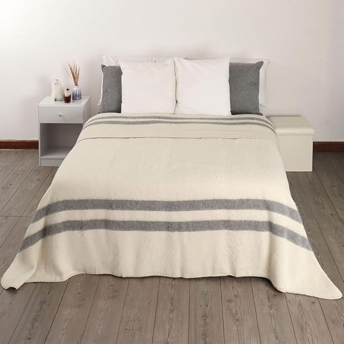 Thick Alpaca Wool Blanket Queen Size Heavyweight for Camping Outdoors or Using Indoors | Soft Peruvian Alpaca Wool Blankets (Ivory - Soft Gray Stripes, Queen)