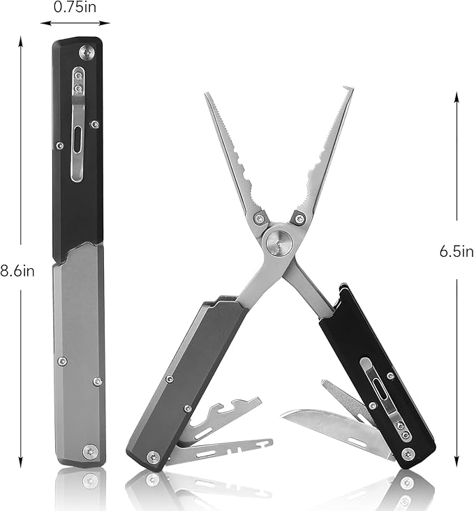 12-in-1 Multitool Fishing Pliers, Fishing Gear with Hook Remover, Pocket Knife, Fish Lip Gripper, Upgraded Scissors and Screwdriver, Survival and Camping Gear, Stainless Steel