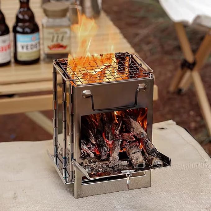 Portable Wood Burning Camp Stove with Grill - Folding, Backpacking, Box Stove with Fire Blowing Stick and Carrying Bag